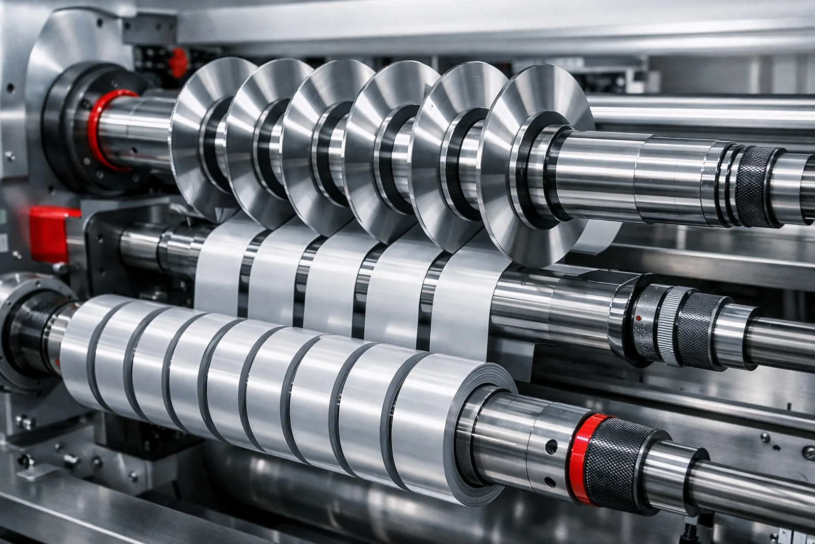 Close-up slitting knives and narrow finished rolls showing precision slit quality and rewind control