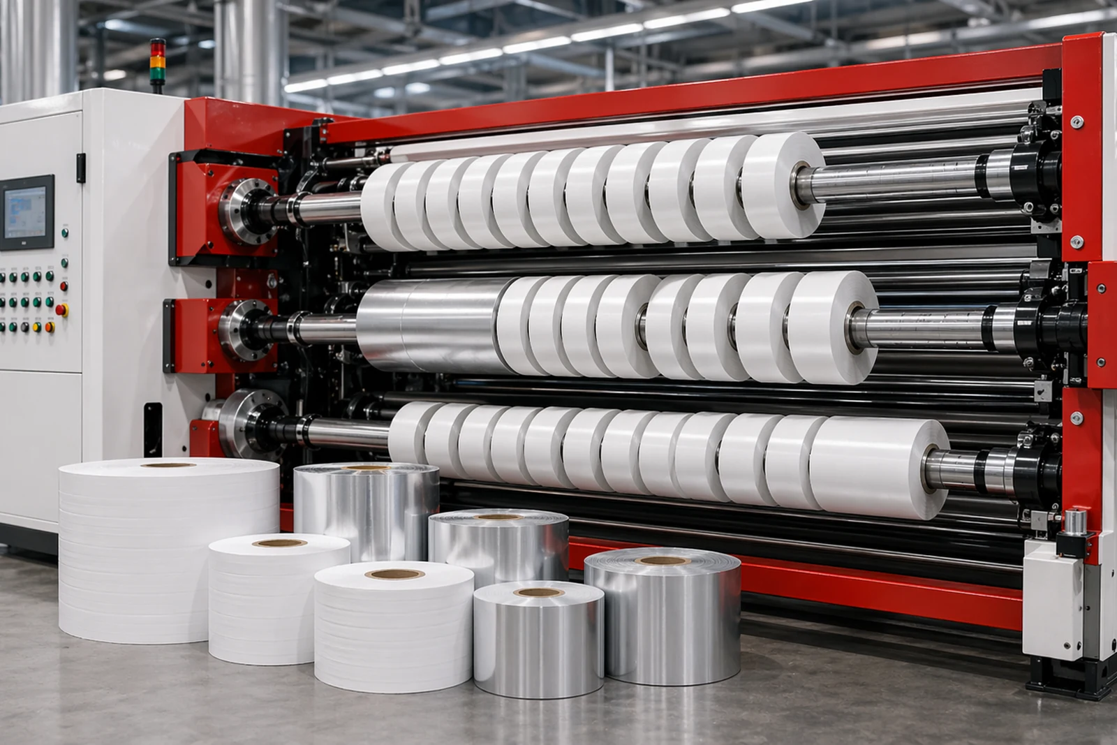 Slitting capabilities overview with realistic white, grey, and silver material families on a red and white slitter rewinder