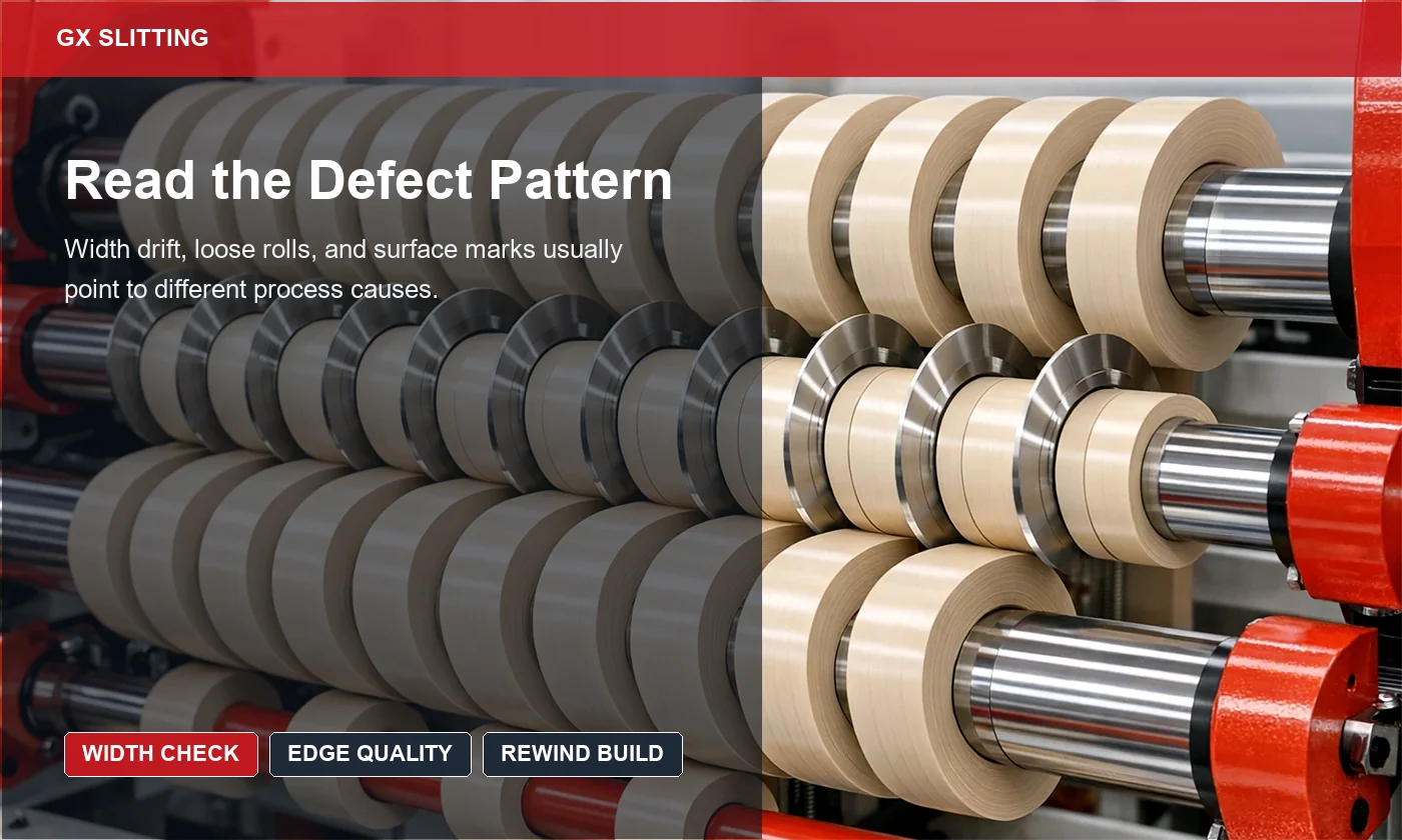 PVC edge banding defect review showing narrow slit rolls aligned for width, edge, and rewind inspection