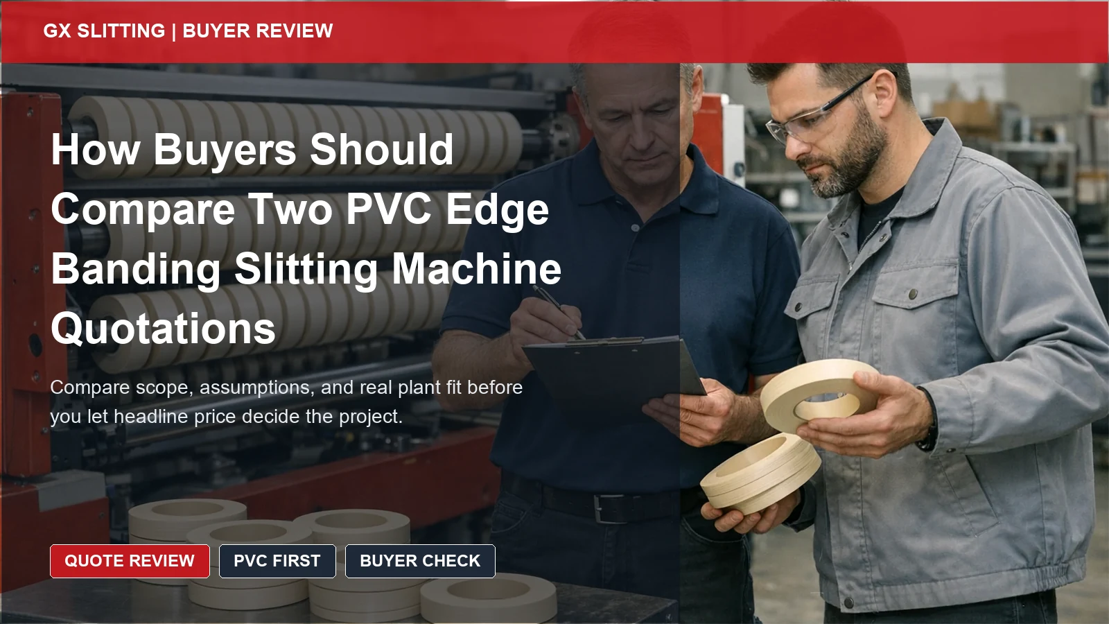 PVC quotation comparison cover showing ivory slit rolls and buyer review notes being aligned before supplier selection