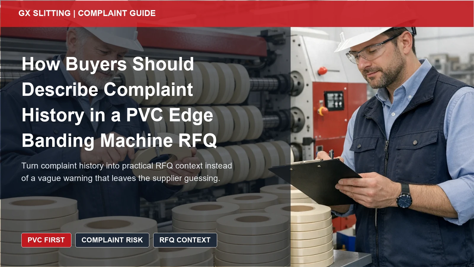 PVC complaint history RFQ guide cover showing narrow width groups, defect notes, and buyer review before quotation