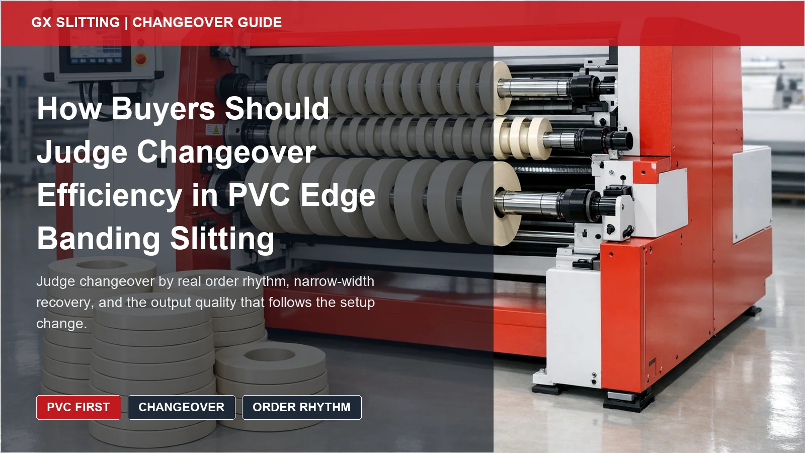 PVC changeover efficiency guide cover showing uniform ivory narrow rolls across multiple finished width groups on a slitter rewinder