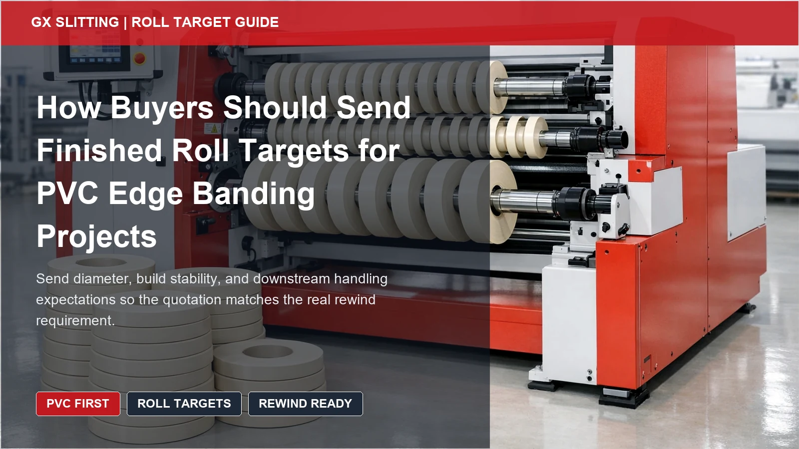 PVC finished roll target guide cover showing uniform ivory finished rolls and buyer review of rewind expectations