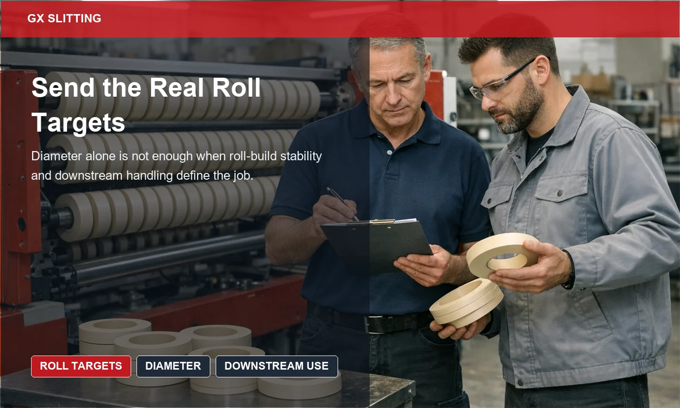 PVC finished roll target review showing uniform ivory finished rolls, diameter notes, and downstream handling expectations for a machine RFQ