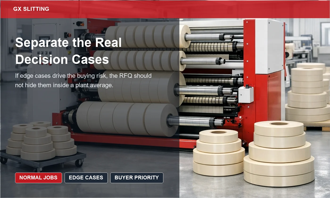 PVC edge banding RFQ review showing normal jobs separated from edge-case width groups and buyer notes before supplier quotation