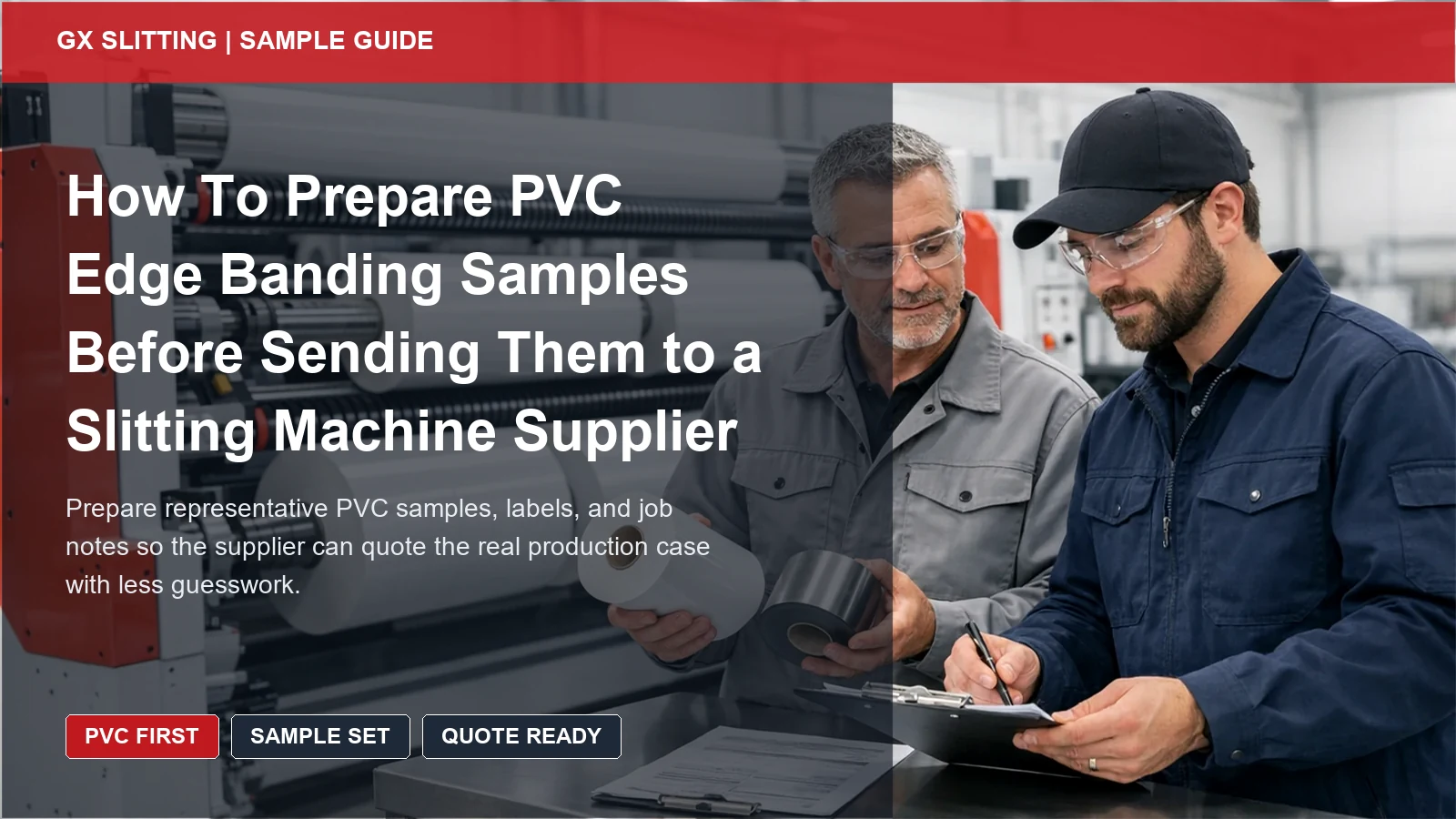 PVC edge banding sample preparation cover showing uniform ivory slit rolls, buyer notes, and supplier review context