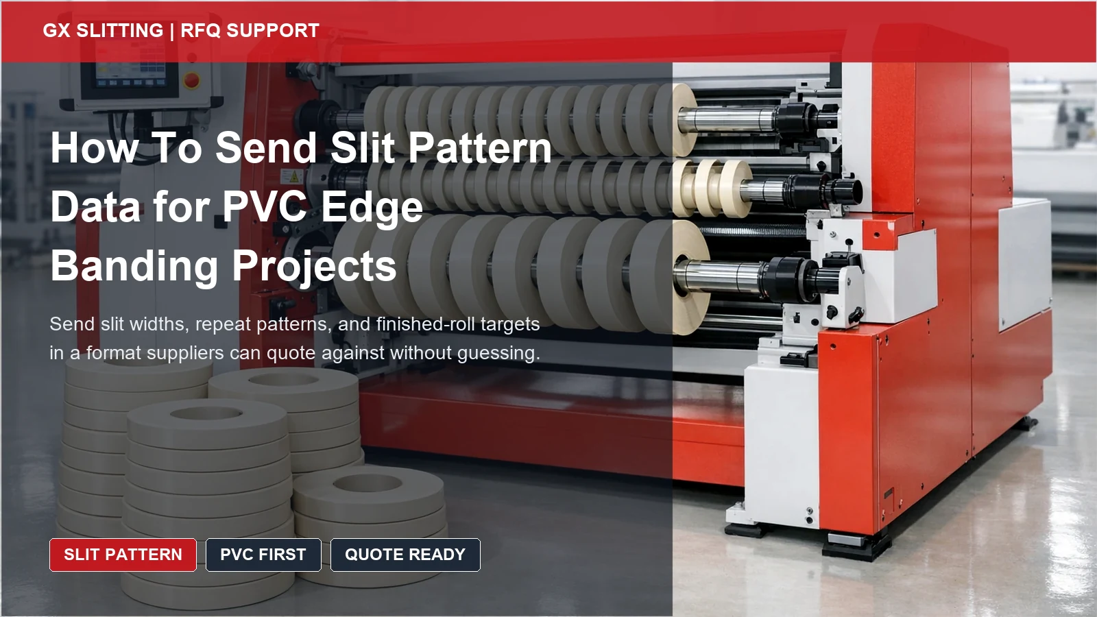 PVC slit pattern guide cover showing ivory finished roll groups and width planning for a quotation-ready RFQ