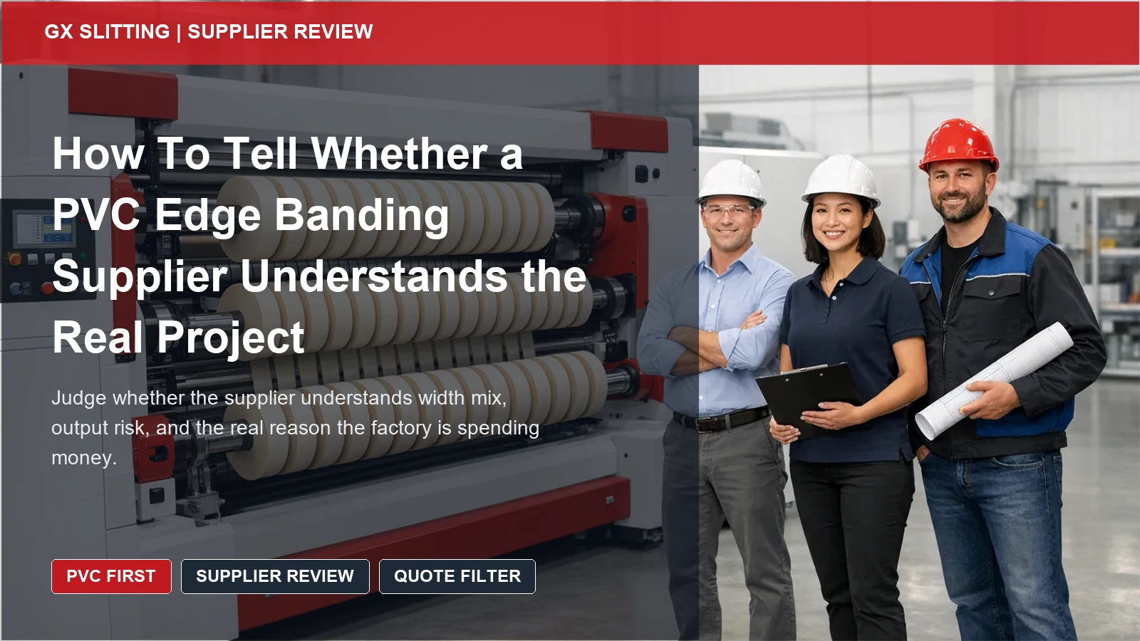 PVC supplier understanding guide cover showing ivory slit rolls and buyer review of RFQ details before quotation comparison