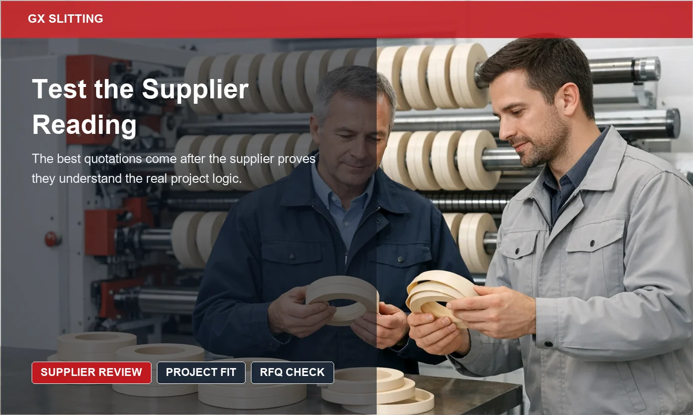 PVC supplier review showing uniform ivory slit rolls, RFQ notes, and buyer checks used to judge whether a supplier understands the real project