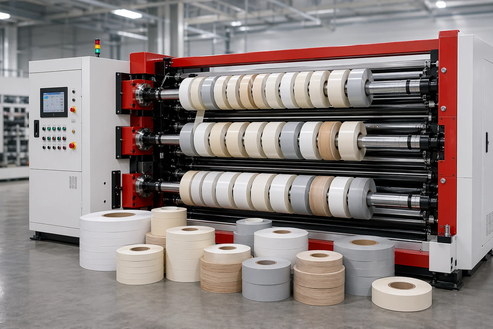Industrial slitter rewinder machine hub with realistic white, ivory, grey, and pale wood-effect PVC edge banding roll variants