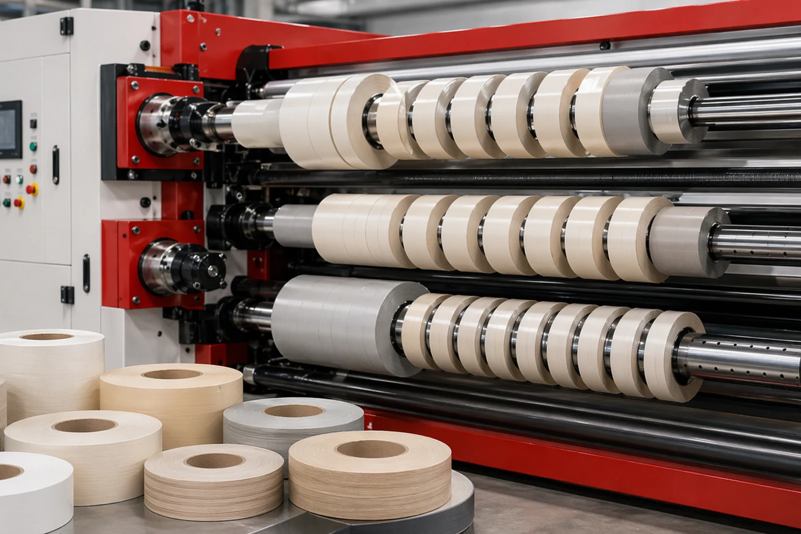 Broader edge banding slitting machine route with controlled mixed PVC finish variants and realistic roll sizes