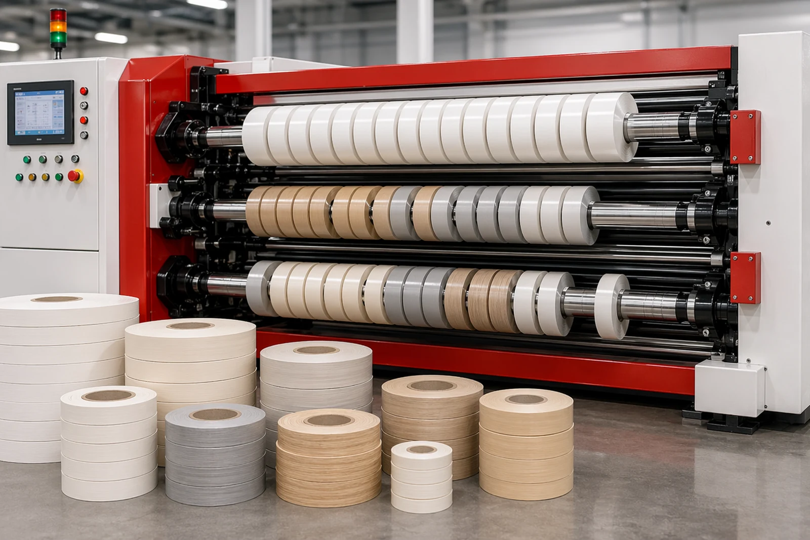 PVC edge banding slitting rewinding machine with realistic white, ivory, grey, and pale wood-effect finished rolls