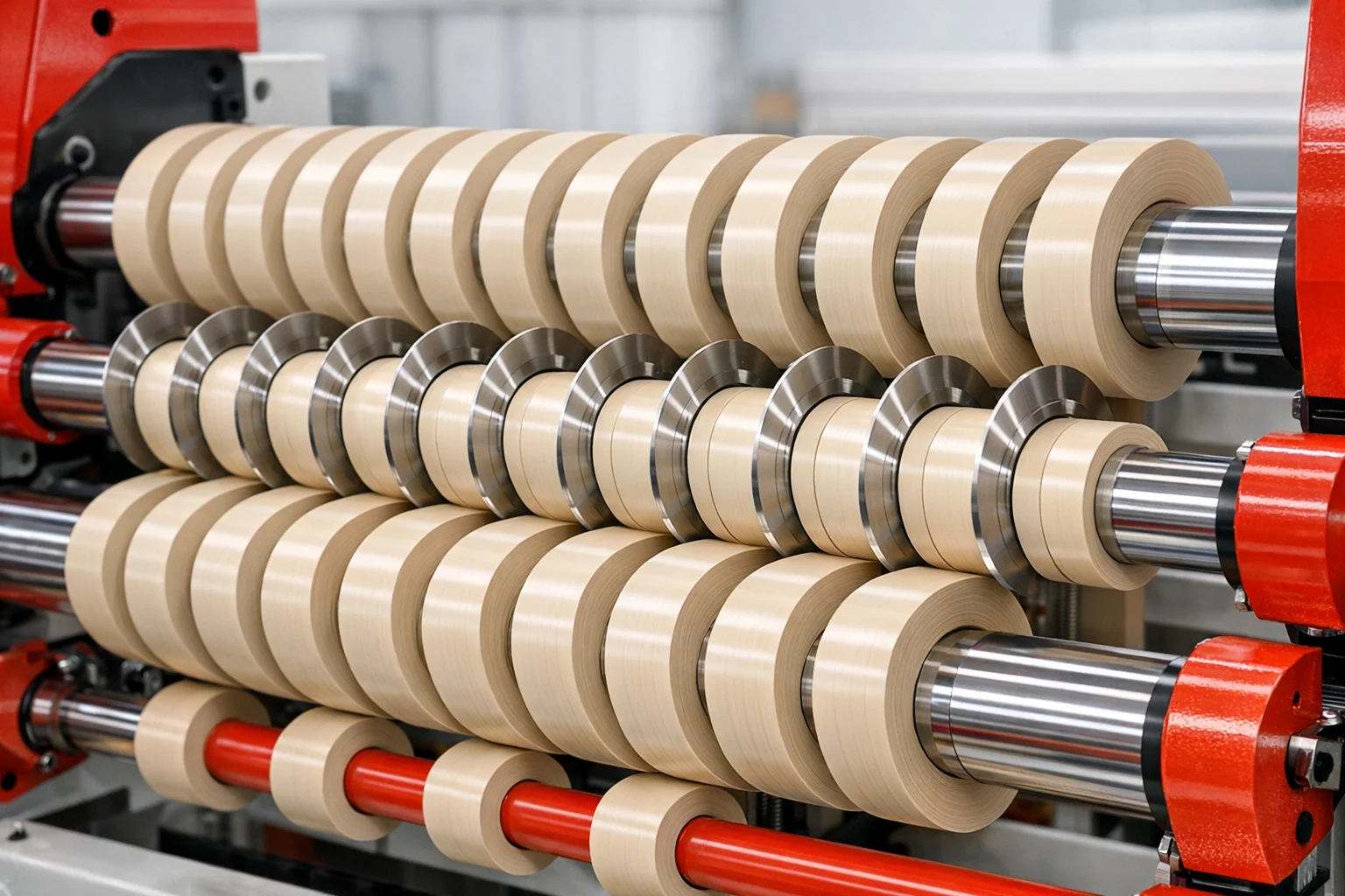 Close-up of PVC edge banding rolls on a slitter rewinder showing precise narrow slit alignment