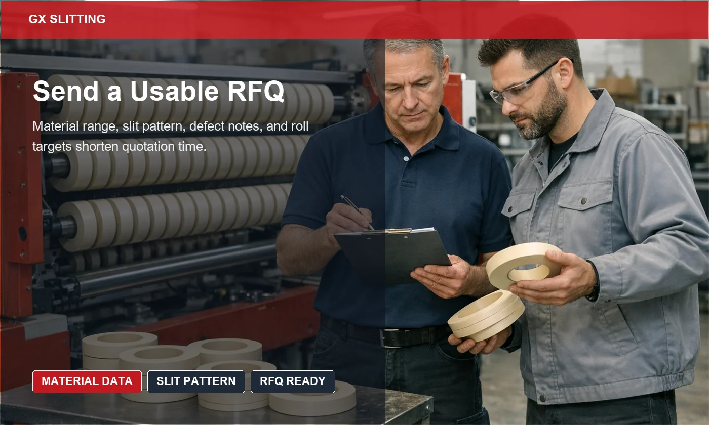 PVC edge banding RFQ review showing buyers checking slit pattern, roll dimensions, and quotation inputs