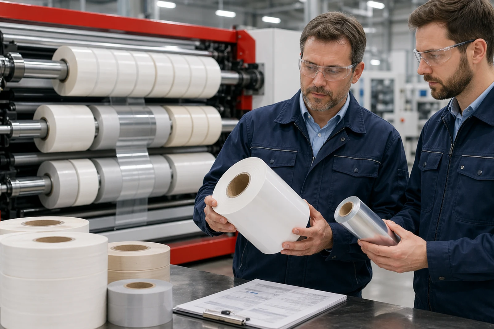 Engineers reviewing white, grey, and metallic material samples before slitter rewinder quotation