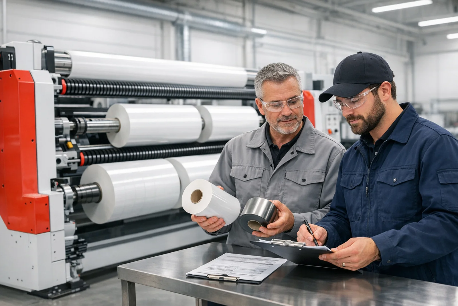 Engineers reviewing roll samples and slitter rewinder RFQ details beside the machine