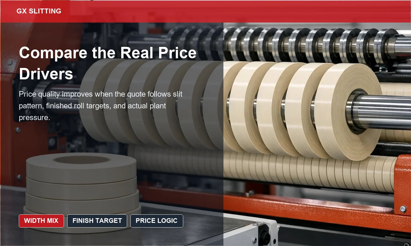 PVC quote review showing common slit patterns and narrow finished roll groups beside a slitter rewinder