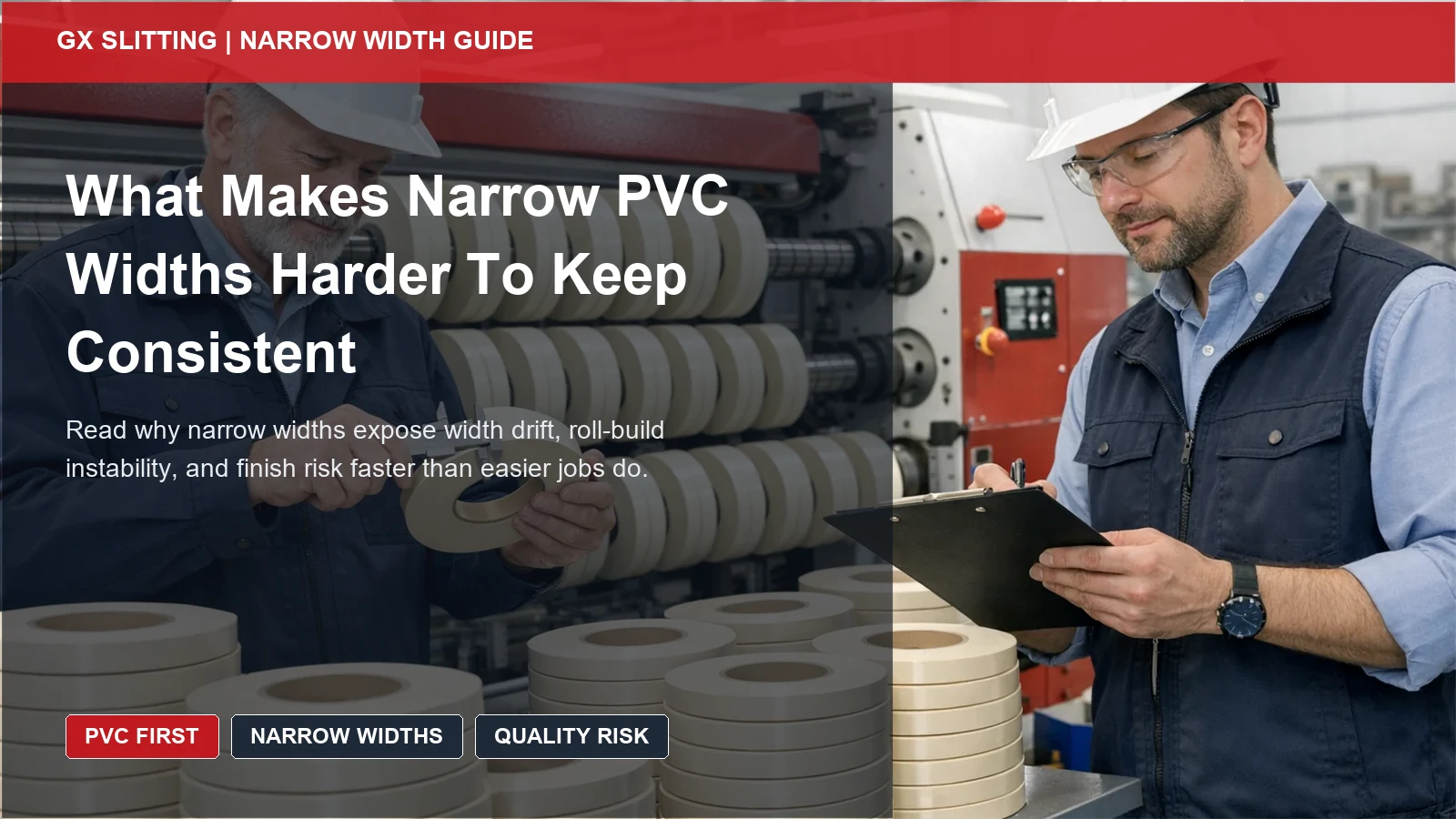 Narrow PVC width consistency guide cover showing uniform ivory finished rolls and buyer review of demanding slit groups
