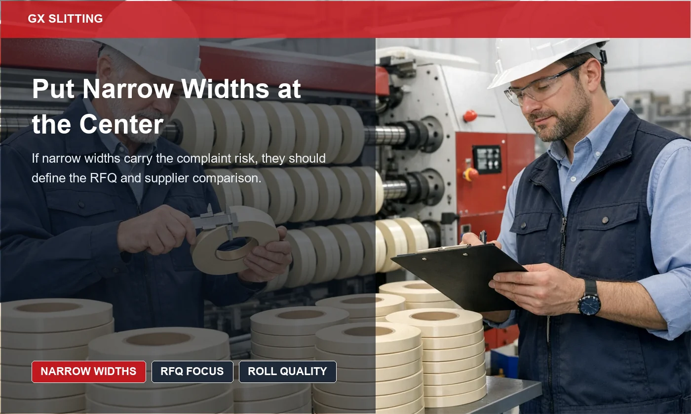 Narrow PVC width consistency review showing ivory finished roll groups compared for width stability and rewind quality across demanding slit patterns