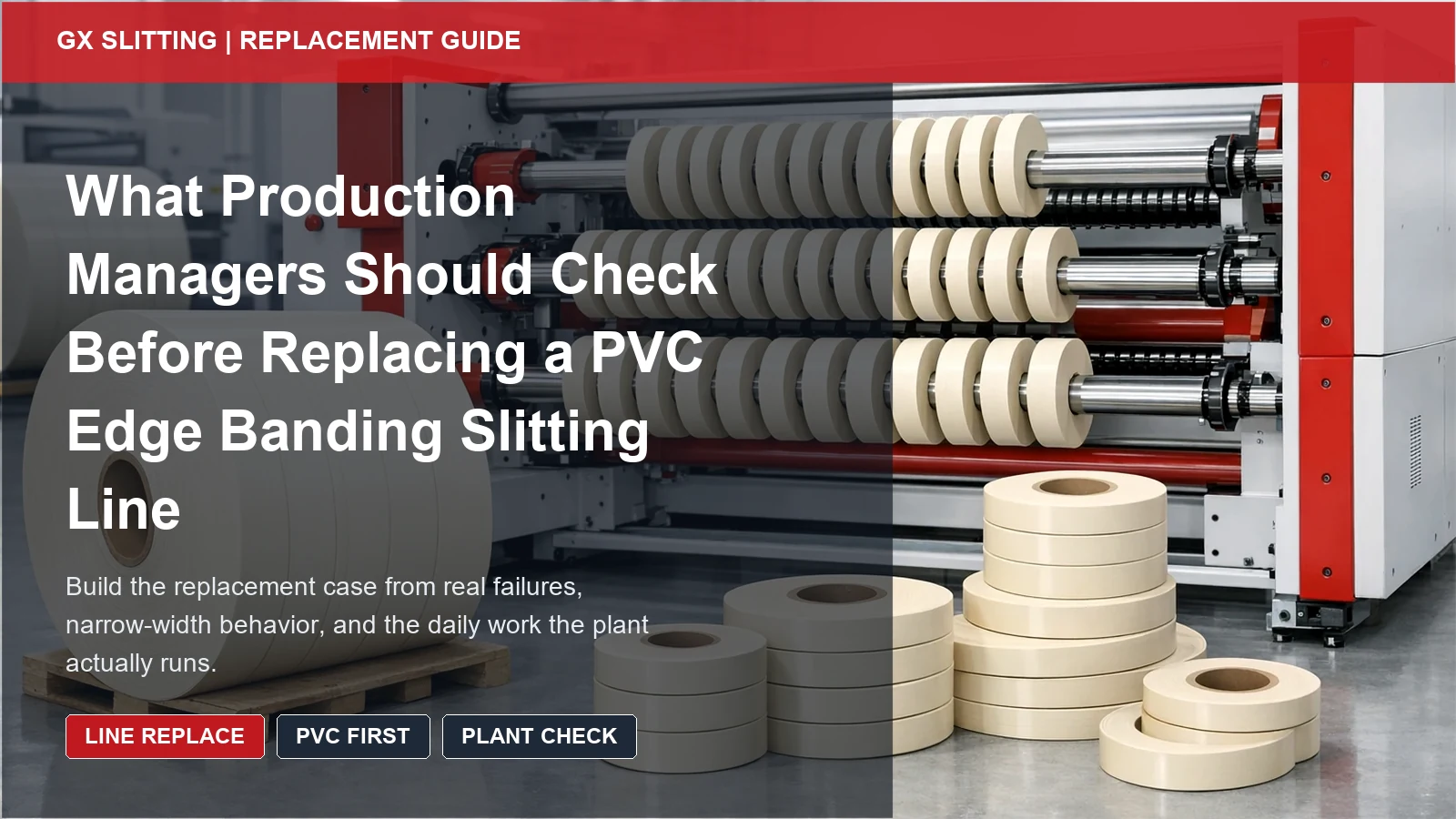 PVC line replacement guide cover showing ivory finished rolls and plant review notes before a machine upgrade decision