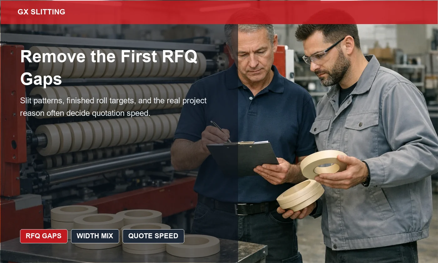 PVC quotation review showing incomplete RFQ data, slit pattern notes, and finished roll targets being checked before a supplier response