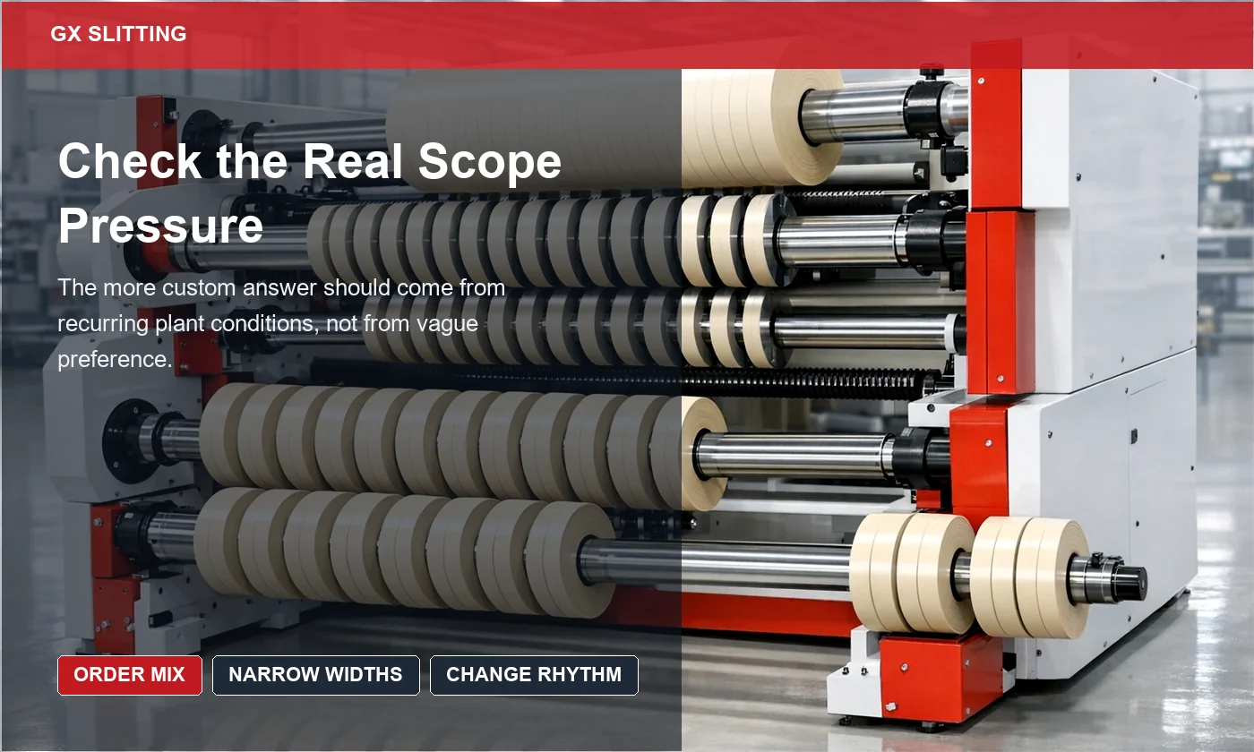 PVC project scope review showing standard versus more custom width groups and finished roll targets beside the slitter rewinder
