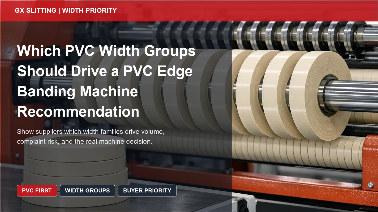 PVC width group priority guide cover showing uniform ivory slit rolls arranged by commercial importance and machine recommendation weight