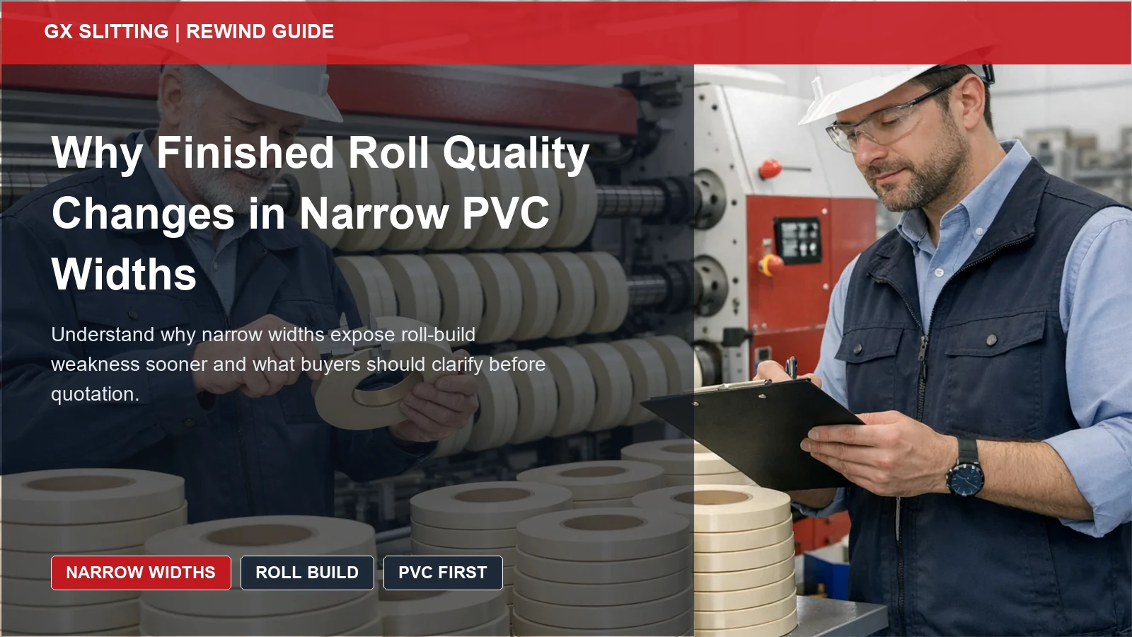 PVC finished roll quality guide cover showing uniform ivory narrow rolls being checked for stable rewind build