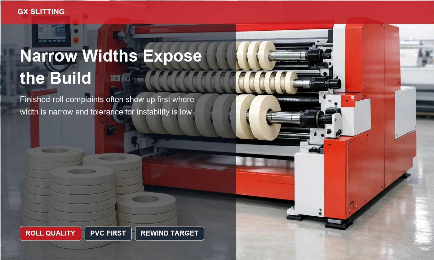 PVC narrow finished roll review showing smaller width groups checked for roll build stability and consistent winding